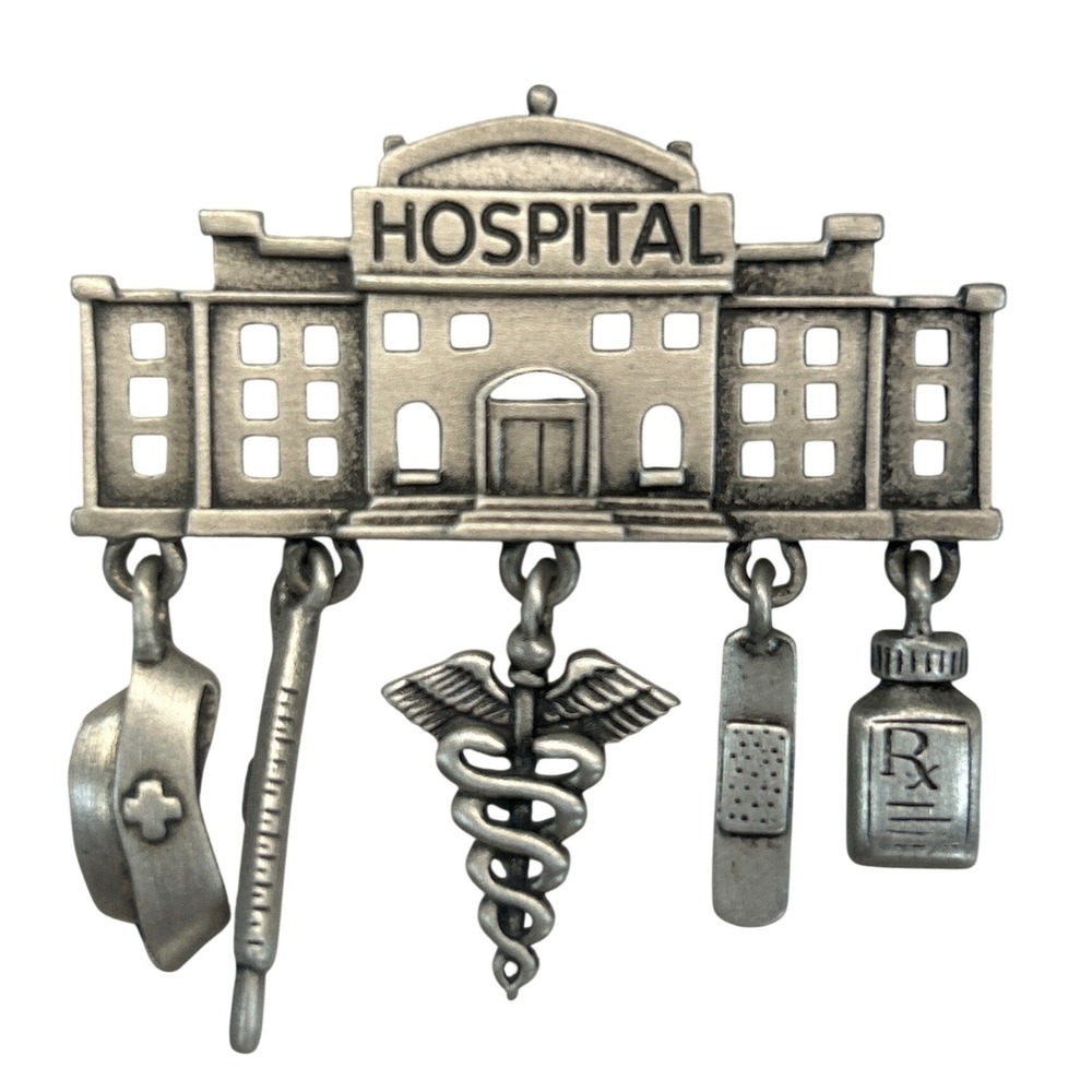 Vtg JJ Hospital Pin Silver Tone Medical Hanging Charms Nurse Doctor Brooch